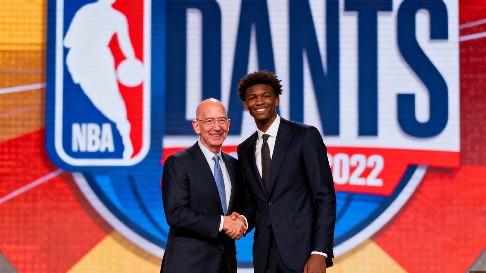 2025年NBA选秀大会现场，状元秀身穿西装与NBA总裁肖华握手合影，背景是巨大的选秀标志屏幕